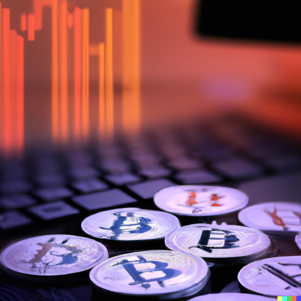 DALL·E prompt: bitcoins on a keyboard, with a floating ohlc chart hologram UI in the background, shallow depth of field